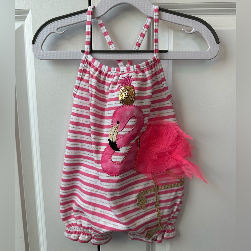 Mud Pie Flamingo Bubble Pink White Stripes Size 0-6 Months